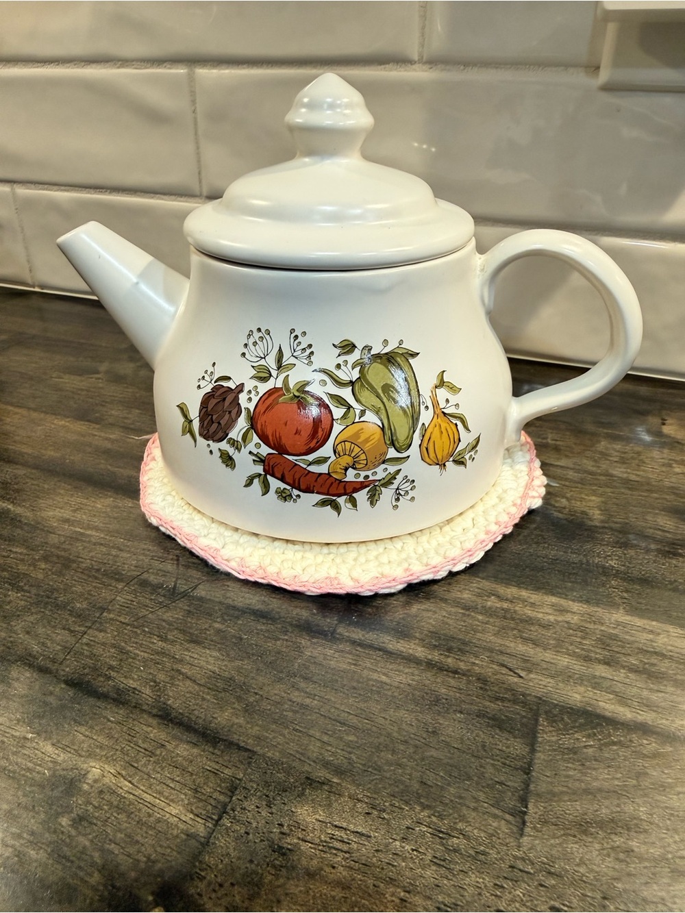 1970’S Mccoy White Ceramic Teapot with  Vegetable Melody Print